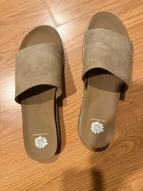 Yellow Box Taupe Slide Sandals with Wide Suede-Look Strap